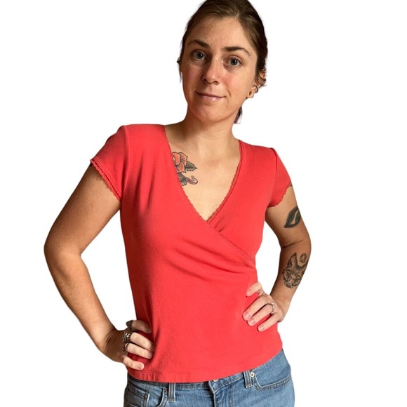 Women's Express Short Cap Sleeve Wrap Look T Shirt Size M Medium Stretchy Orange - Picture 10 of 13
